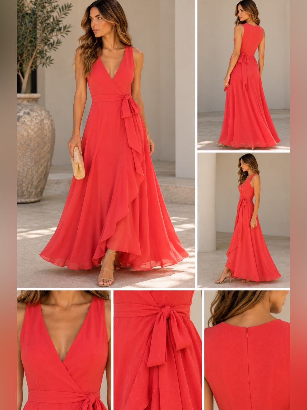Kensie Coral Ruffle Faux Wrap Maxi Dress Tie Waist Size 10 NWT $118